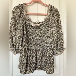 Max Studio Smocked Peasant Green Floral Garden Women Short Sleeve Blouse XL boho